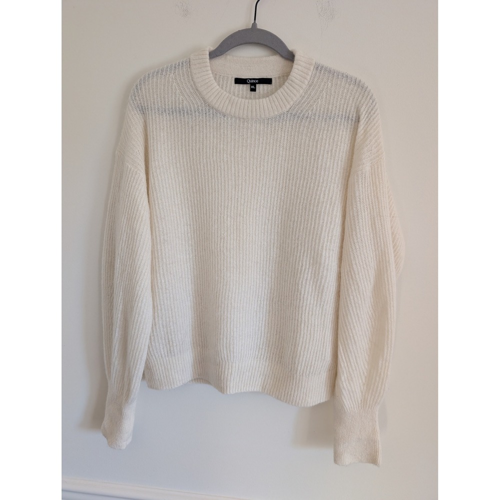 Quince Alpaca Wool Blend Ribbed Crewneck Sweater Cream Ivory XL minimalist